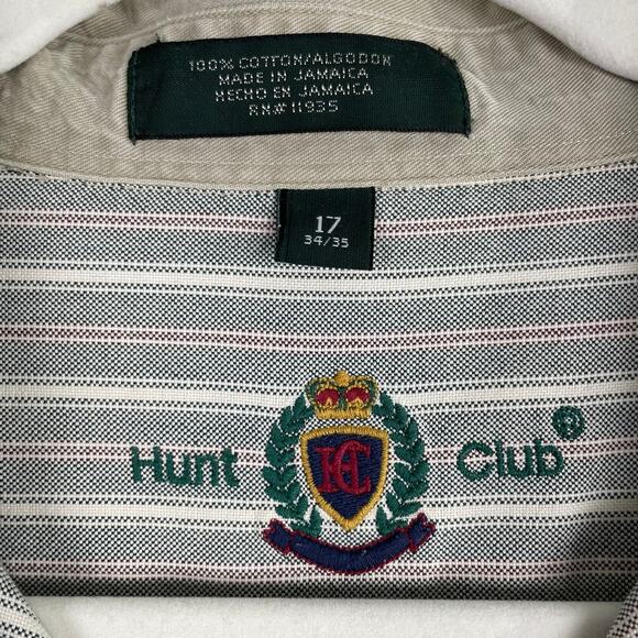 Vintage 90s Mens Striped Button Up Shirt 17 Green Tan Contrast Collar Retro Prep - Picture 4 of 16